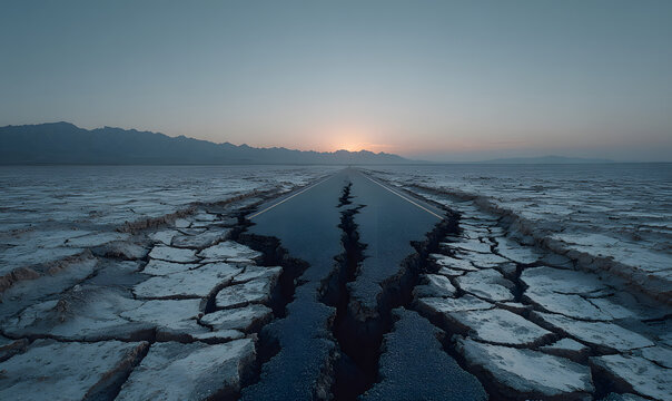 Fractured Asphalt Road in the Heart of the Lut Desert, Surrounded by a Somber