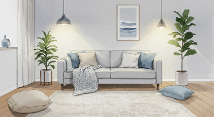 ホワイト　リビングルームの水彩画