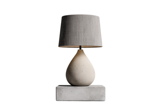 A modern gray table lamp with a concrete base and fabric shade, isolated on transparent background