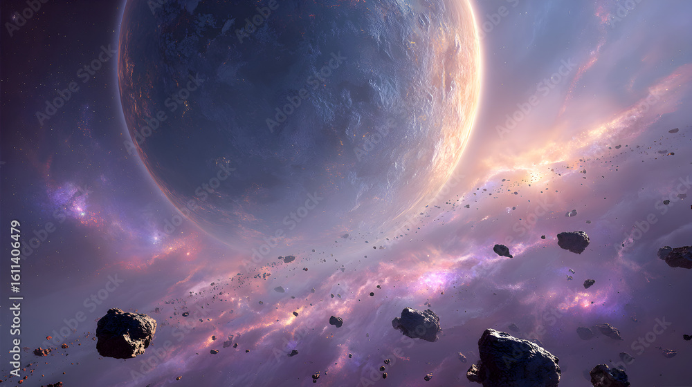 Wall mural a large planet surrounded by asteroids and nebulas in a colorful and detailed space scene view