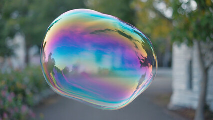 Iridescent Bubble Floating in Outdoor Park with Trees