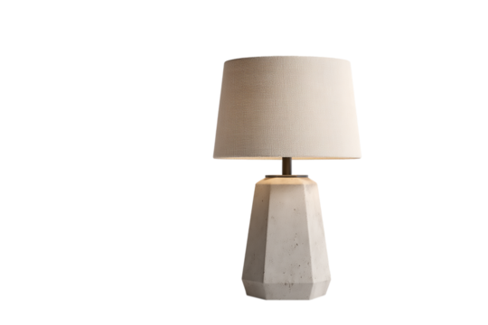 A modern gray table lamp with a geometric concrete base and fabric shade, isolated on transparent background