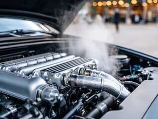 A close-up view of a steaming car engine, with the hood open, revealing intricate mechanical parts.