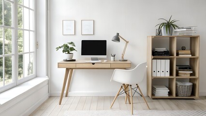 A bright home office features a simple wooden desk, modern white chair, computer monitor, and organized shelves, lit by a large window.