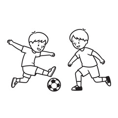 Two cheerful children playing soccer kicking the ball in a simple black and white illustration