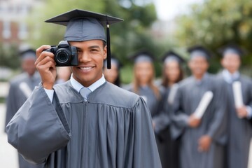 A smiling graduate in cap and gown taking a photo with a camera, other graduates are blurred in the background.