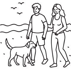 Black silhouette sketch illustration of a couple walking their dog