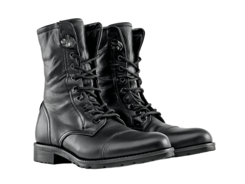 A pair of stylish black leather military boots, isolated on transparent background, provide a classic and rugged look for any occasion - Powered by Adobe