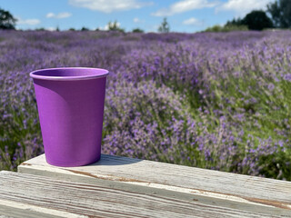 Lavender paper cup with coffee. Time to drink coffee. Coffee to go. Enjoy the moment, take a break....