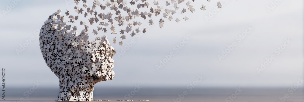 Poster human head composed of puzzle pieces with one missing element floating above a serene background ref