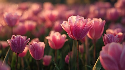Obraz premium Dreamy Field of Pink Tulips in Soft Evening Light, Spring Bloom
