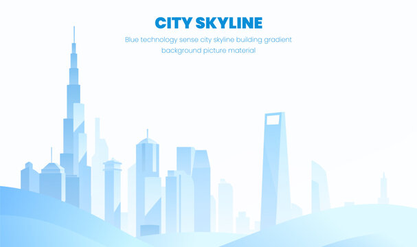 Horizontal version of simple blue technology city skyline building gradient background
