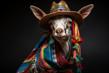 Fototapeta na wymiar Studio portrait of a goat wearing traditional andean clothing, including a colorful poncho and a hat