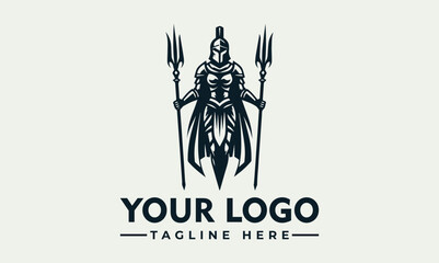 A powerful female warrior logo design, wielding two tridents, stands majestically.