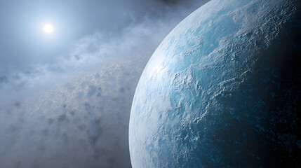 A detailed view of a blue planet with clouds and a bright star in the distant background of space