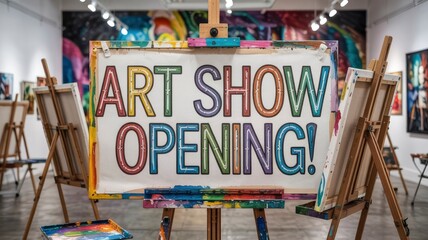 Art Show Opening Colorful Sign at Gallery Exhibition