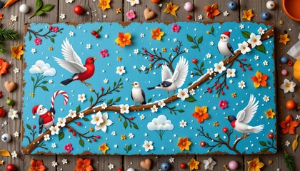 a vividly decorated rectangular platter resting on a table, adorned with an array of colorful autumn leaves, pinecones, and berries