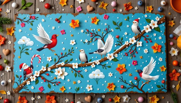 a vividly decorated rectangular platter resting on a table, adorned with an array of colorful autumn leaves, pinecones, and berries