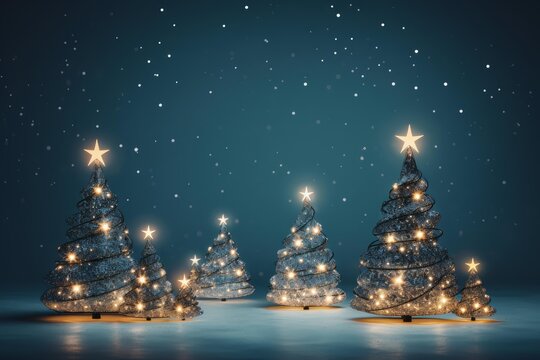 Sparkling christmas trees with lights glowing under gently falling snow create a magical winter wonderland scene