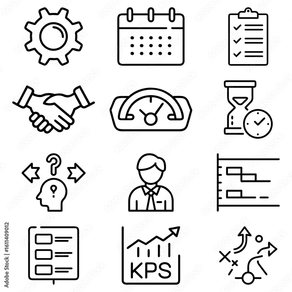 Poster outline icons depicting business management and planning tools for project development and analysis