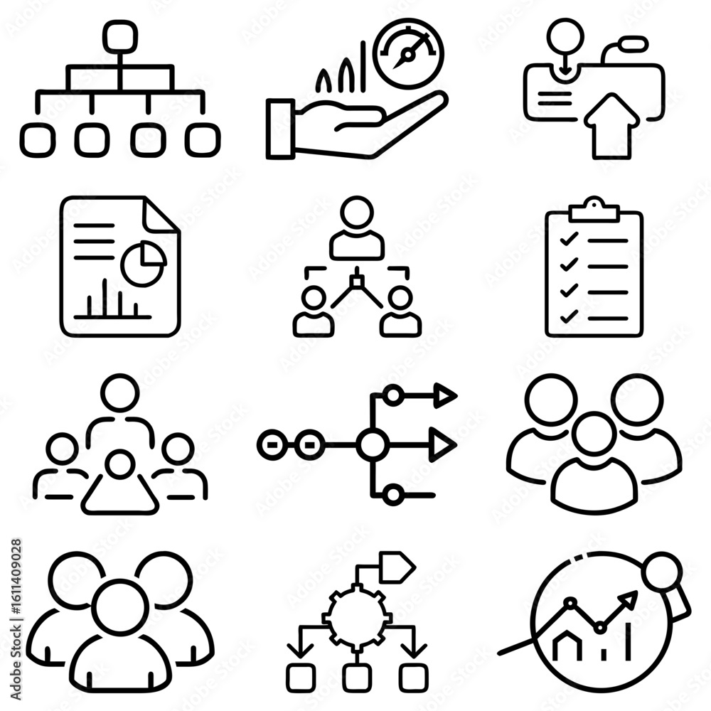 Poster collection of business management icons depicting organization charts and performance indicators in 