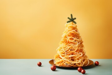 Creative christmas tree made of spaghetti, decorated with a miniature tree topper and baubles, set against a vibrant yellow background with copy space