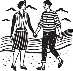 Hand-drawn sketch of a man and woman walking together, back view, isolated on white