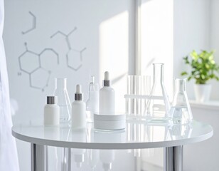 Clinical skincare setup with white cosmetic bottles, laboratory glassware, and a chemical formula in the background