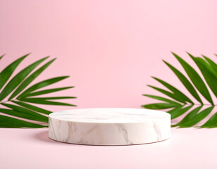 Elegant White Marble Product Display Platform with Tropical Palm Leaves on Pink Background: Perfect for Cosmetic, Beauty, or Wellness Branding