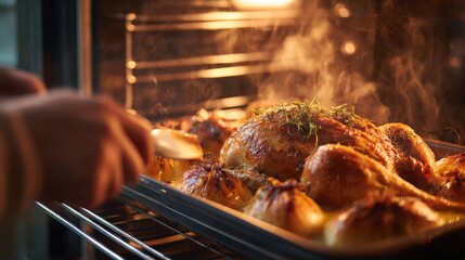 First-Person View of Basting Roast Chicken in Oven with Golden Skin