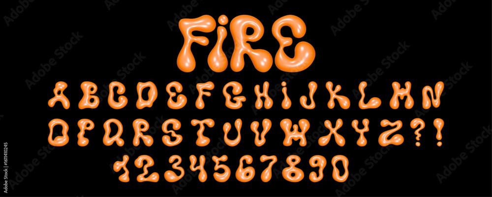 Poster wavy 3d font showcasing liquid letters and numbers with a glossy texture set against a solid black b