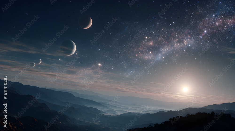 Wall mural a scenic view of mountains under a starry sky with multiple moons and a bright light source at horiz