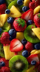 Obraz premium Fresh Fruit Salad Strawberries, Blueberries, Kiwi, and Pineapple CloseUp Arrangement