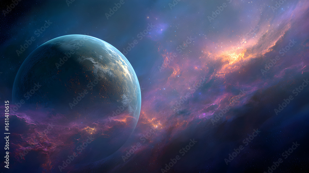 Wall mural a distant planet viewed amidst colorful nebula clouds in the vast expanse of outer space scene
