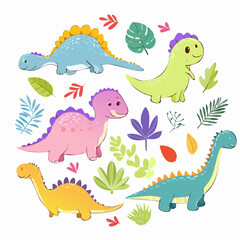 Kids doodle dino set, vector color pencil dinosaur illustration, cartoon childish cute monster plant.