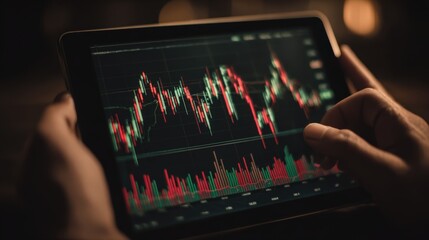 Investment Manager Adjusting Stock Portfolio on Tablet with Candlestick Graphs