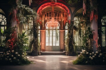 Obraz premium Ornate building with large windows and crystal chandelier, decorated with lush greenery and white flowers, creating a magical atmosphere
