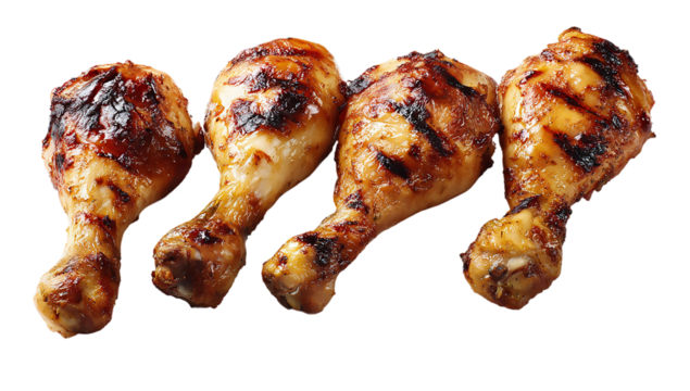 Four grilled chicken drumsticks are displayed isolated on transparent background, showcasing their delicious barbecue flavor and appetizing appearance