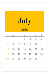 Calendar July 2026 flat style isolated on white background.