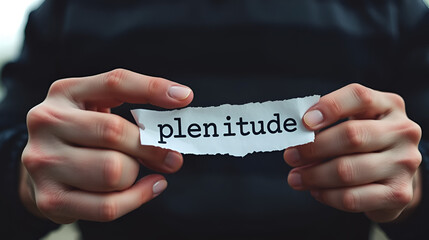 Hands of a man tearing a piece of paper with inscription plentitude