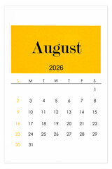 Calendar August 2026 flat style isolated on white background.