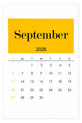 Calendar September 2026 flat style isolated on white background.
