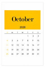 Calendar October 2026 flat style isolated on white background.