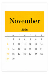 Calendar November 2026 flat style isolated on white background.