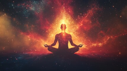 Silhouette of a person meditating in a cosmic setting