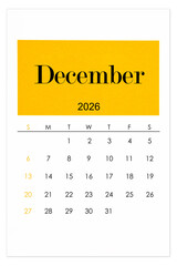 Calendar December 2026 flat style isolated on white background.