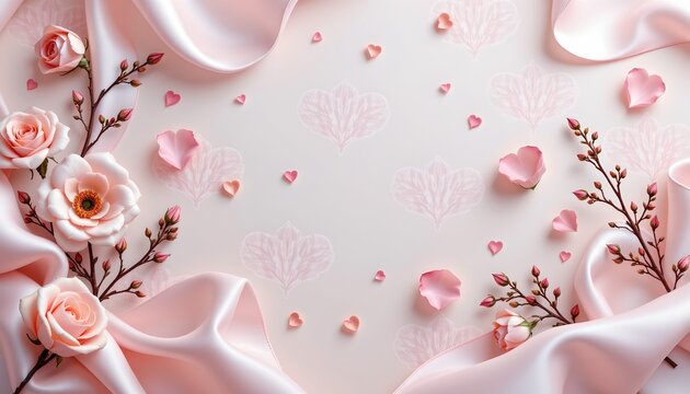 a close up view of a table adorned with an arrangement of pink flowers. these flowers are scattered across the surface in a random pattern, adding a touch of whimsy to the display