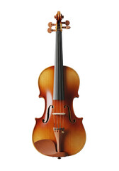 Fototapeta premium Classic wooden violin, rich brown and reddish-brown, vertical, showcasing intricate wood grain, F-holes, bridge, scroll, and tuning pegs, perfectly lit on a clean white background with copy space,