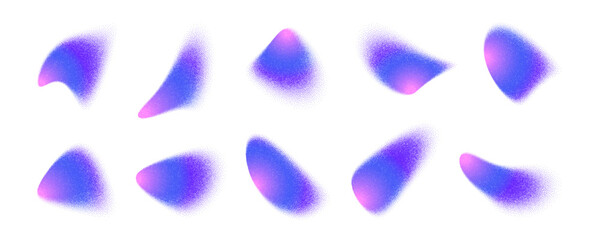 A series of ten gradient noise shapes are displayed. These liquid-like forms showcase a flowing gradient from pink to blue, against a clean, stark white background.