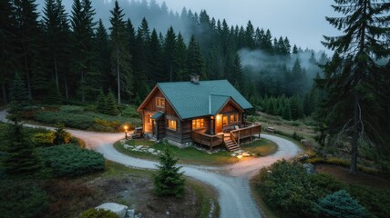 Obraz premium Secluded Mountain Cabin in Misty Forest at Dusk